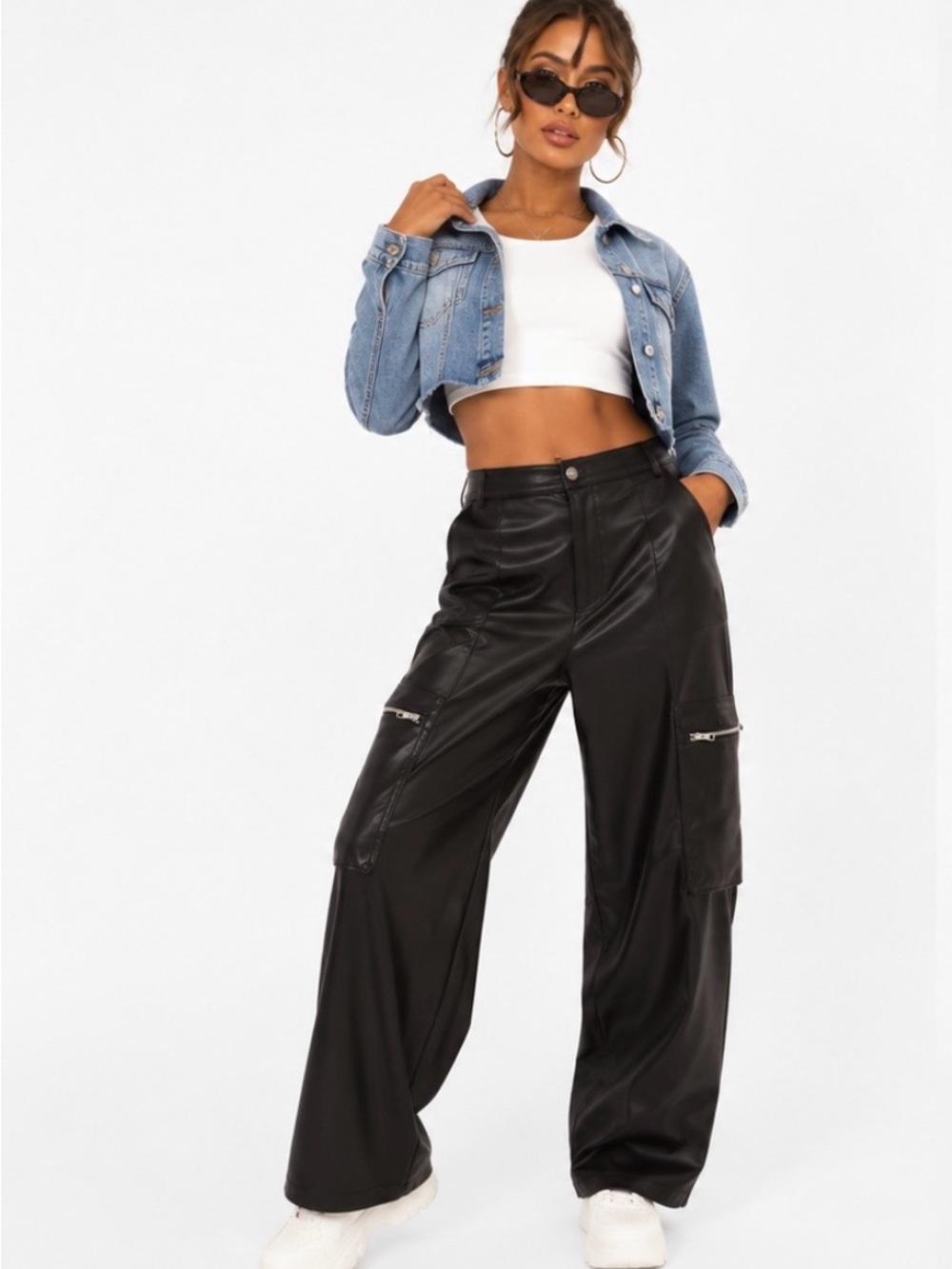 Avec Les Filles Black Faux Leather Cargo Wide Leg Pants S NWT - Picture 2 of 14